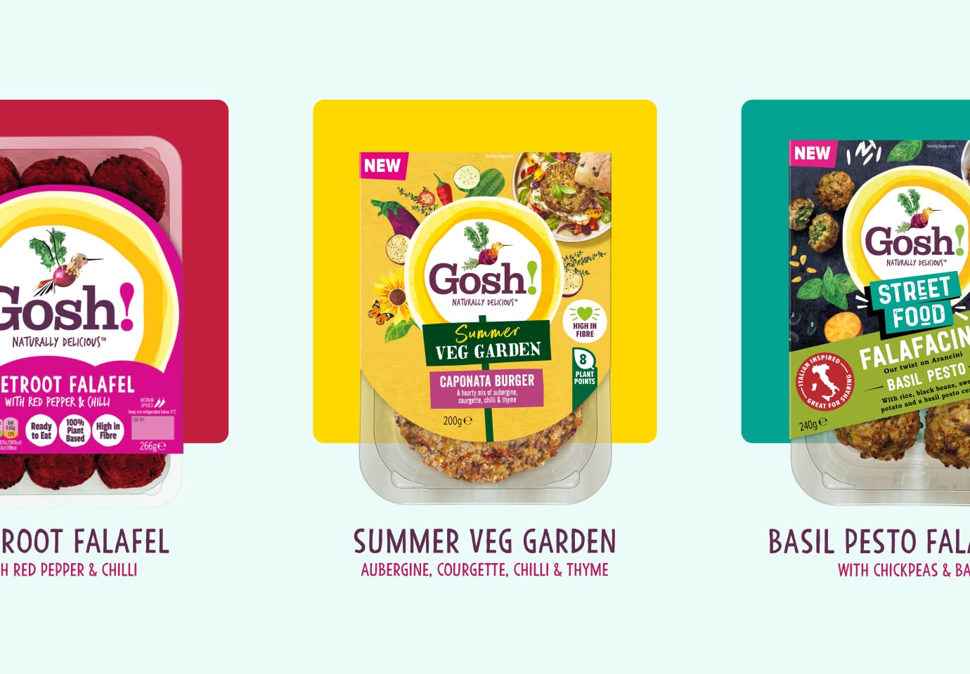 Gosh! plant-based food packaging image, highlighting products suitable for top creative website agencies in London.