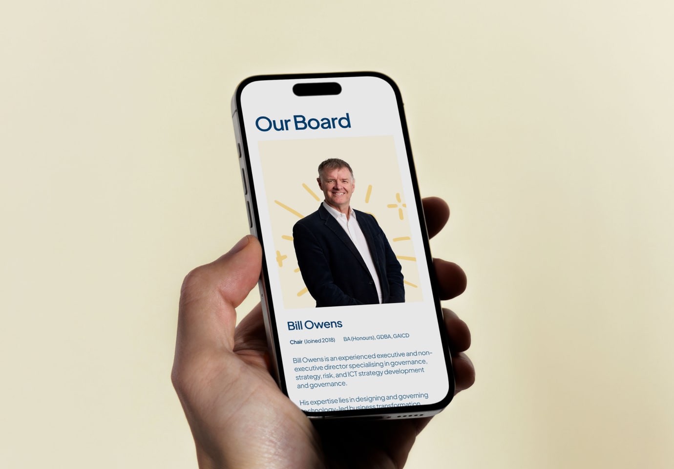 Person holding a smartphone displaying board member profile, showcasing top independent digital agencies in London.