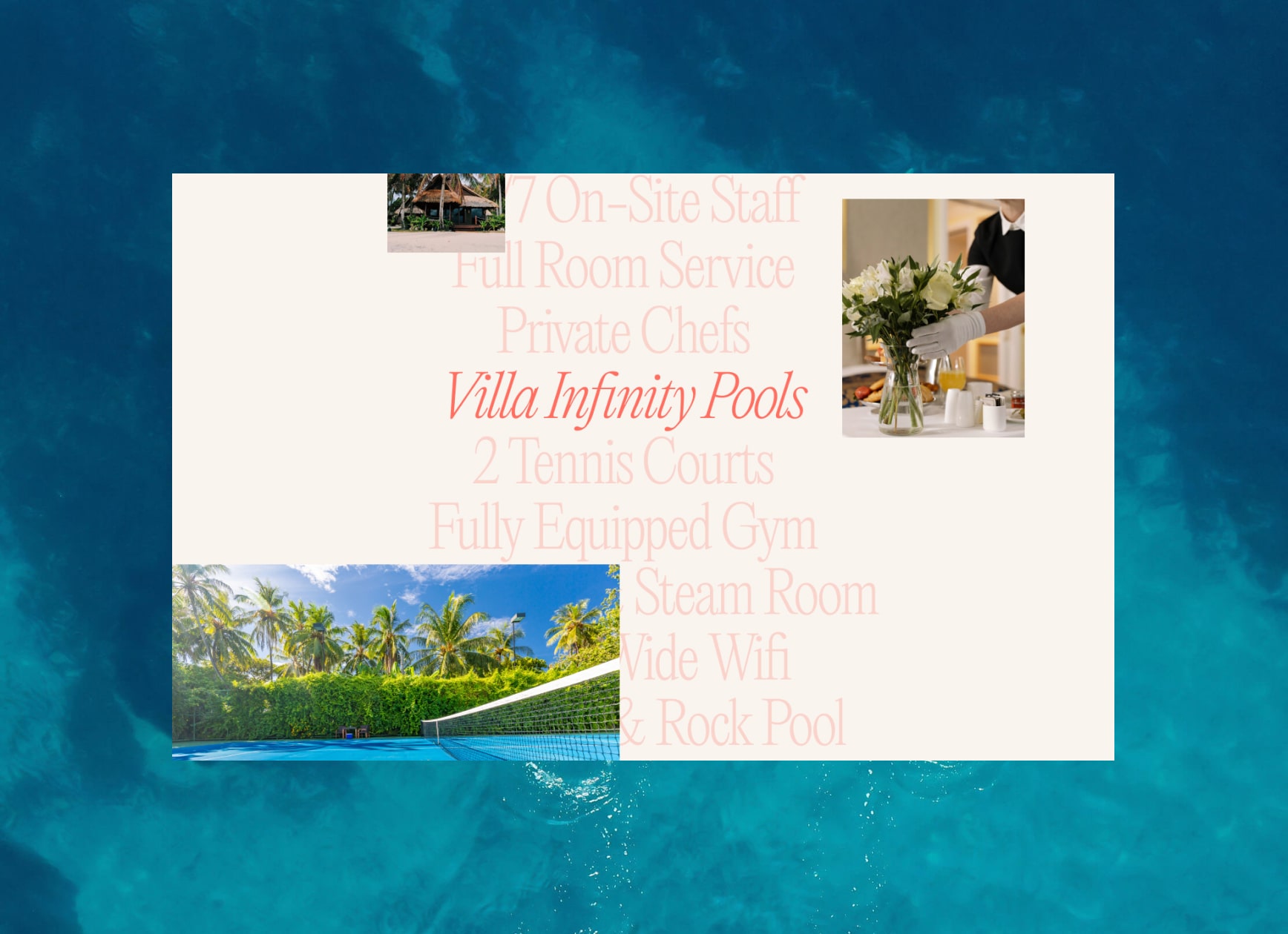 Experience luxury villa amenities including infinity pools and tennis courts, designed by the best web development agency UK.